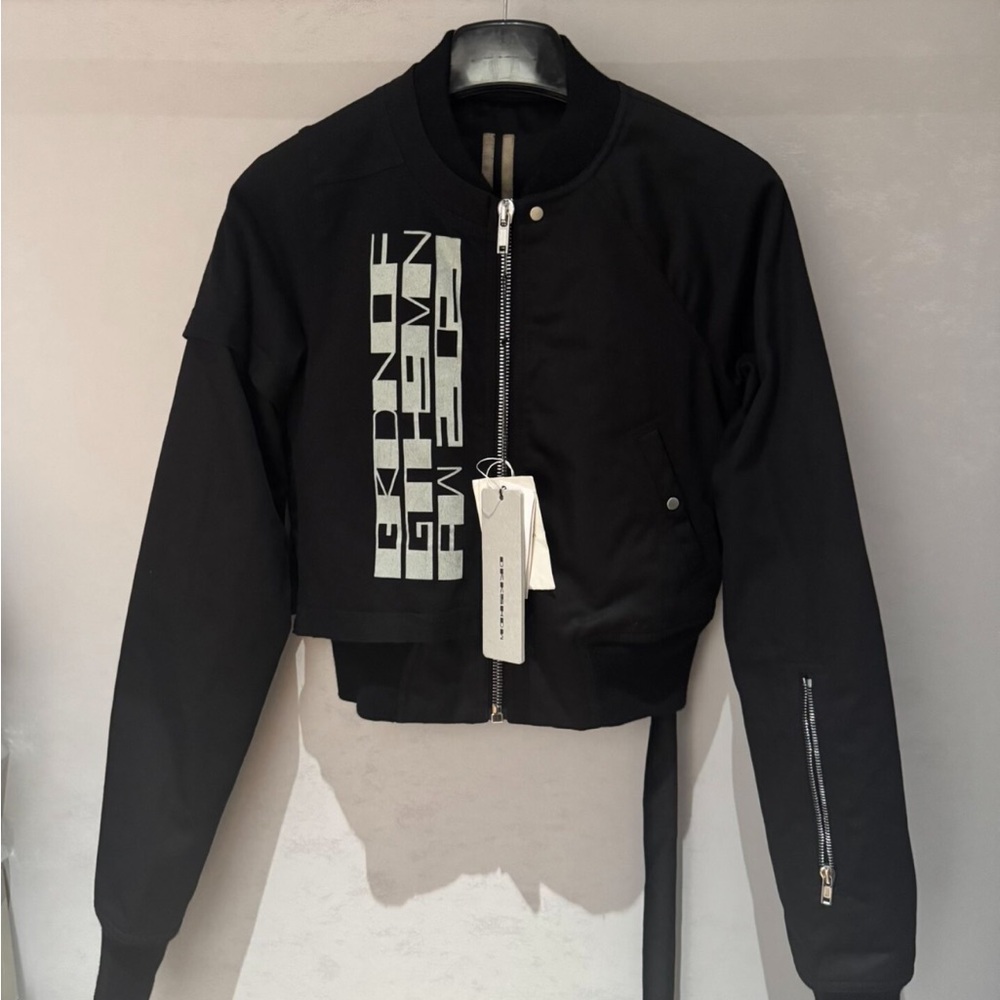 🚩steal authentic Rick Owens Black Bomber Jacket with Bold Lettering